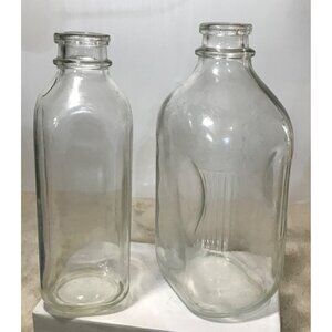 Clear Glass Milk Bottles Set Of 2 Vintage Open Top